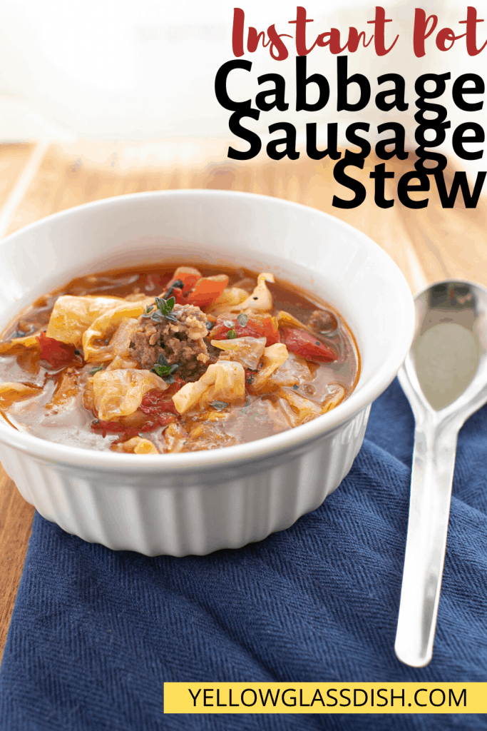 Low Carb Cabbage Sausage Stew is easy to make in the Instant Pot and is a healthy comfort food for cold days. This simple keto stew recipe is ready in about 30 minutes. #ketorecipes #ketoinstantpot #lowcarbstew #stew