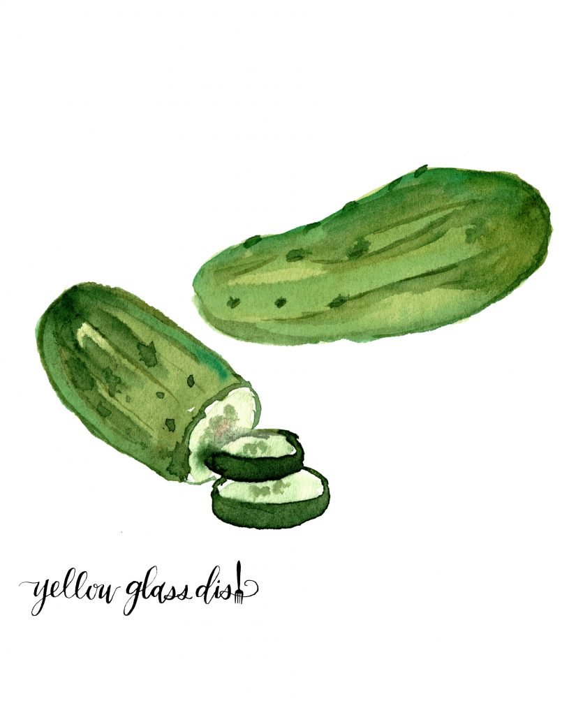 watercolor painting of cucumbers- a low carb vegetable for salads - Yellow Glass Dish