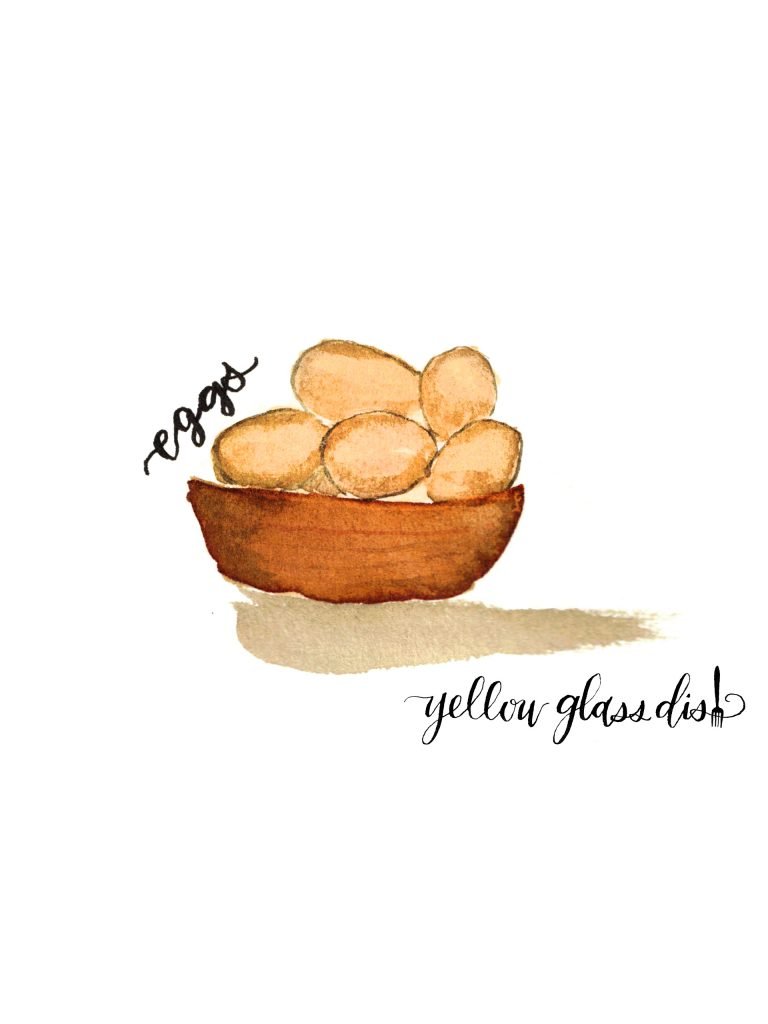 Watercolor painting of boiled eggs for salads- yellow glass dish